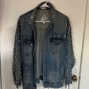 Elegant Blue Denim Jacket with Pearl Accents